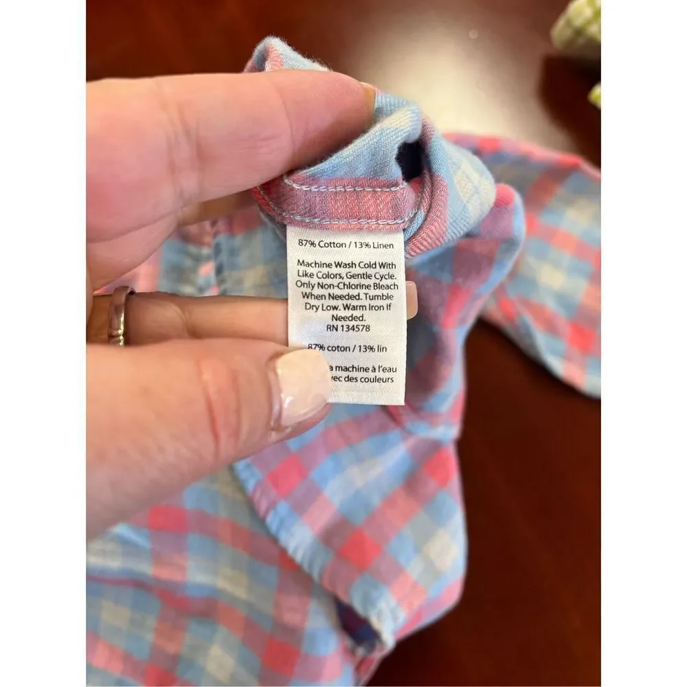 Vineyard Vines Pink & Blue Plaid Whale Shirt Linen Blend Button Down sz M